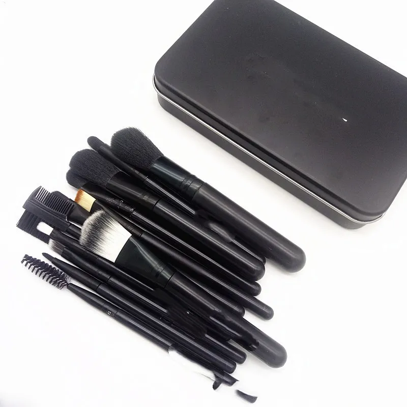 Conjunto de Pincéis de Maquiagem com Cabo de Plástico, Novo Estilo, Doze Pincéis em uma Caixa de Lata, Blush, Sombras, Pincéis de Base