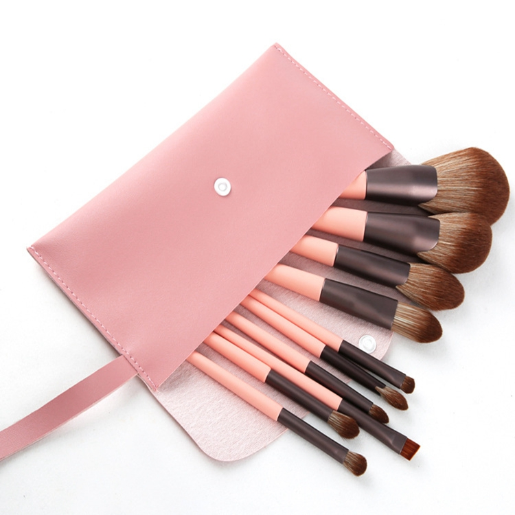 10PCS Conjunto de Pincéis de Maquiagem Personalizados em Rayon Ultrafino com Cabo de Madeira Rosa Vegano