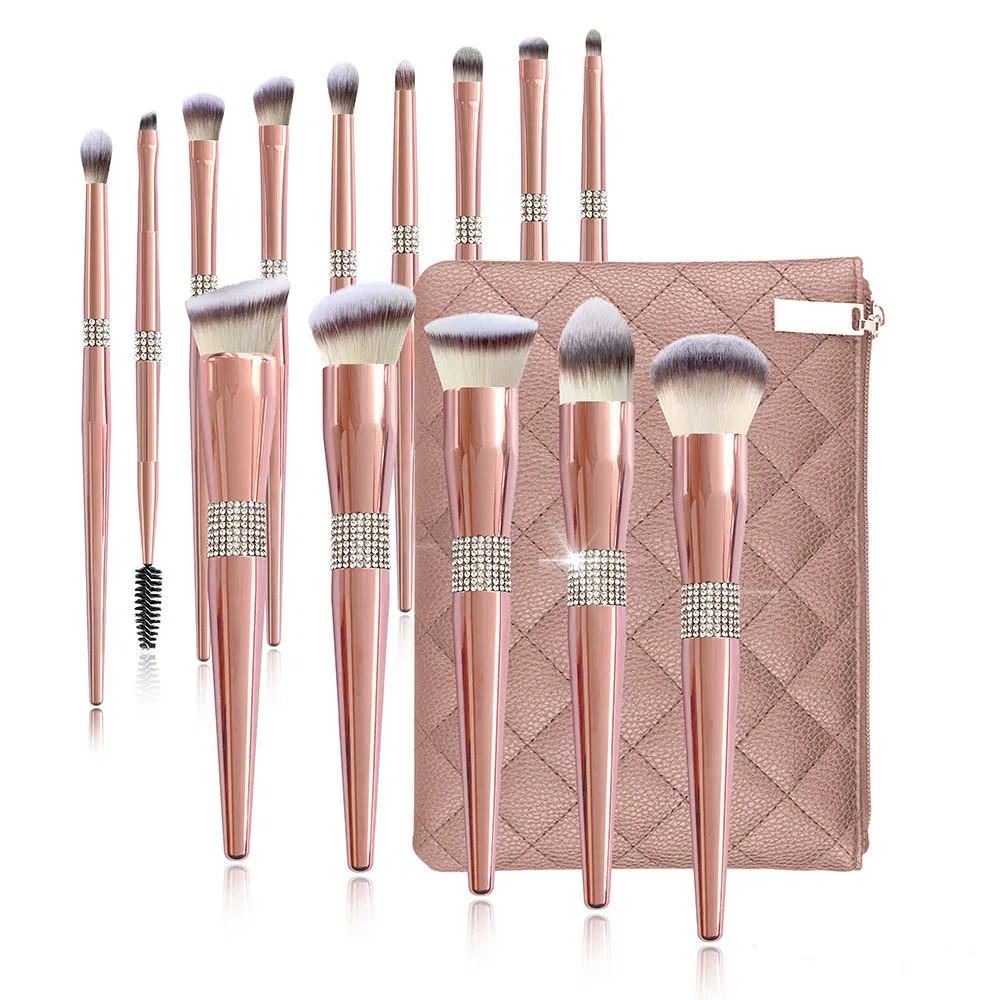 Conjunto de Pincéis de Maquiagem com Logo Personalizado em Rosa Dourado 14PCS Pincel de Maquiagem de Luxo com Brilho de Diamante