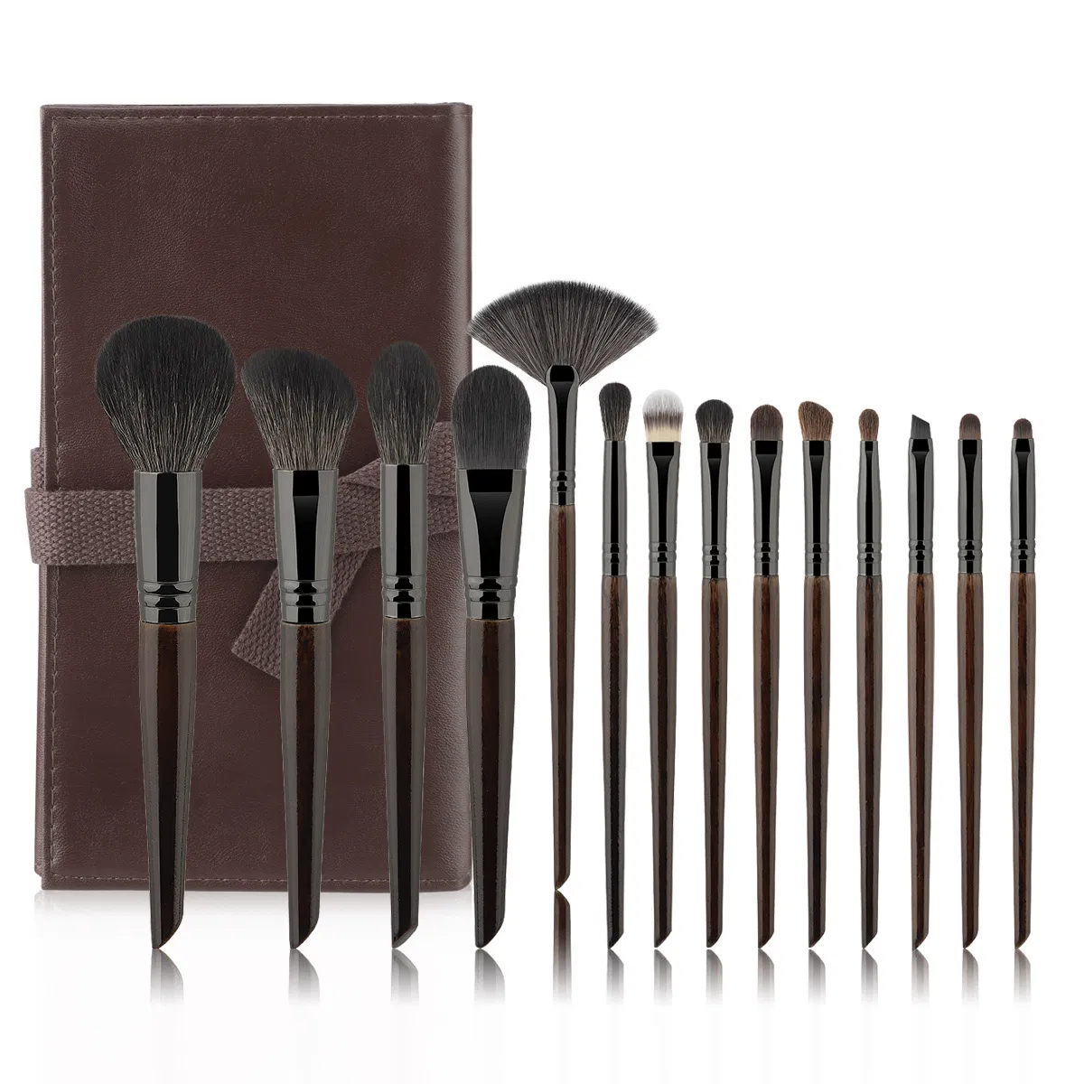 Conjunto de Pincéis de Maquiagem Beautichen 14-Piece com Cabos de Madeira Escura – Cerdas Sintéticas Premium para Rosto e Olhos – Mistura Profissional, Contorno