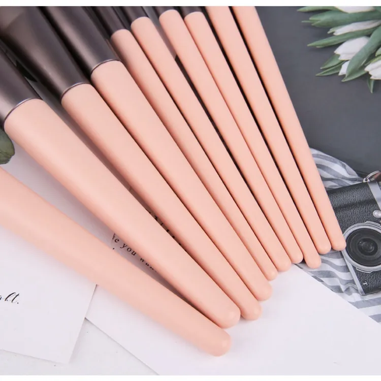 10PCS Conjunto de Pincéis de Maquiagem Personalizados em Rayon Ultrafino com Cabo de Madeira Rosa Vegano