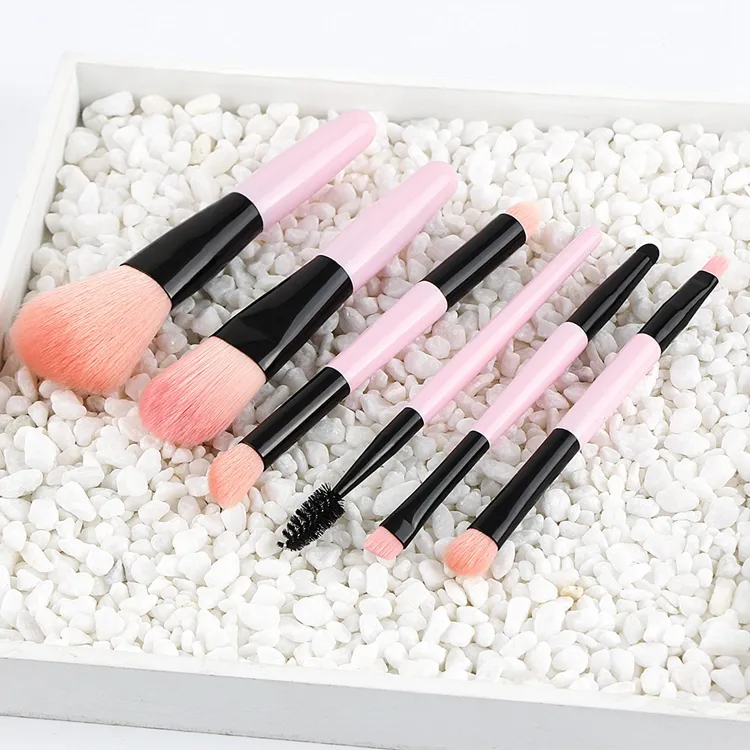Pincéis de Maquiagem de Alta Qualidade 6PCS com Cabo Rosa Vermelho e Cerdas Sintéticas Veganas Ferrule Prata Personalização de Logo de Alta Qualidade