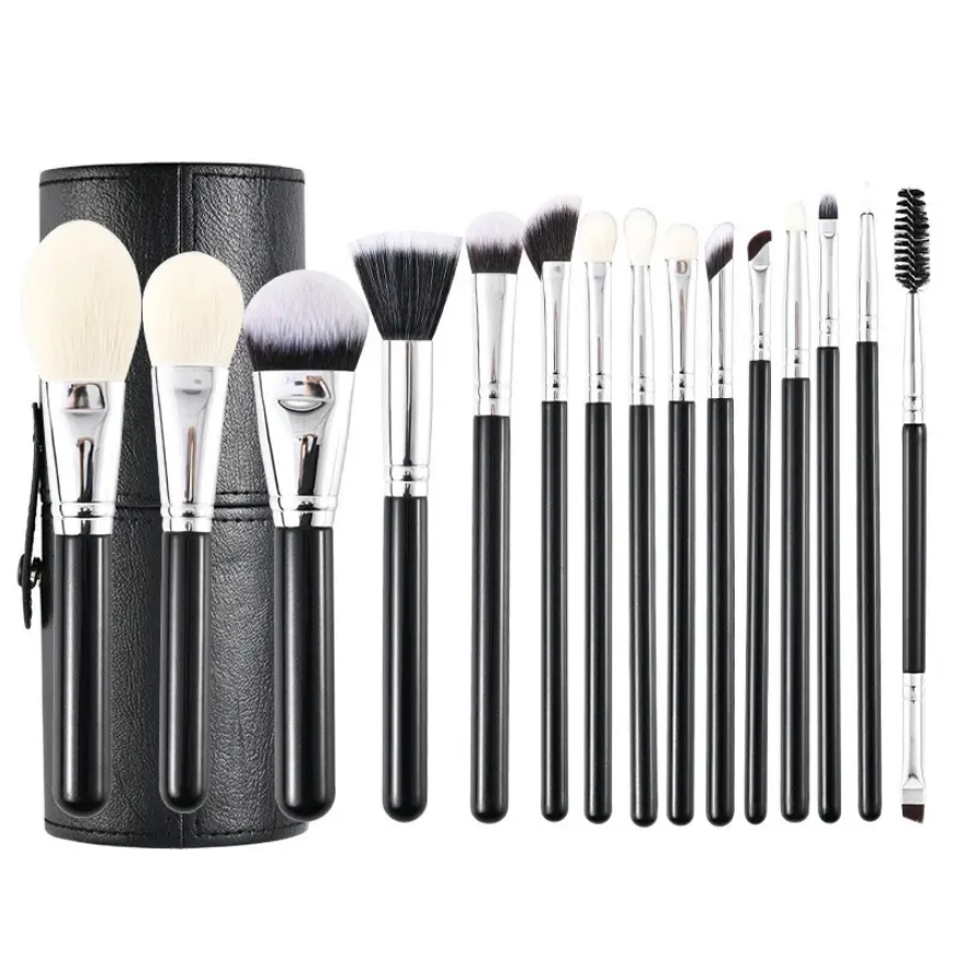 15PCS Conjunto de Pincéis Cosméticos de Cabelo Sintético com Cabo de Madeira para Mistura de Maquiagem