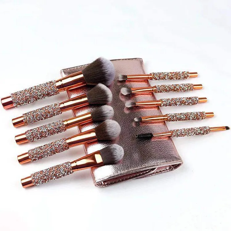 10PCS Conjunto de Pincéis Profissionais Personalizado com Cabo de Cristal Pincéis de Maquiagem para Rosto, Base e Olhos com Cerdas Pretas
