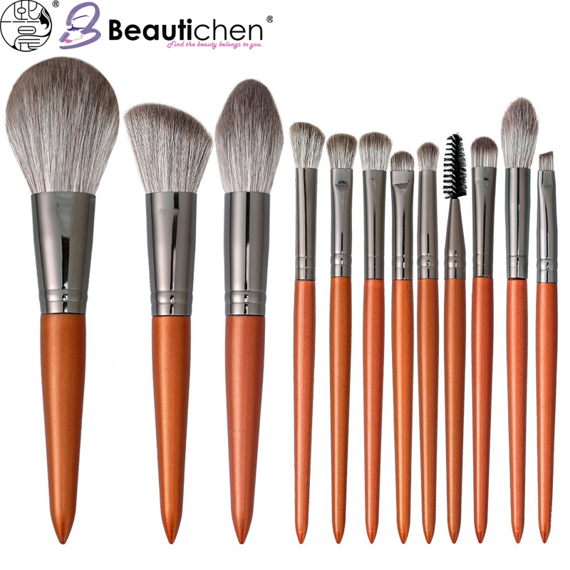 Conjunto de Pincéis de Maquiagem Beautichen 12PCS Laranja e Cinza – Cerdas Sintéticas Macias com Ferrule Prateado – Pincéis Cosméticos Profissionais para Base, Pó
