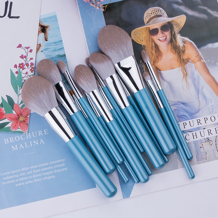 Conjunto de Pincéis de Maquiagem de Alta Qualidade Personalizados em Nylon com Cabo de Madeira Azul 13PCS Profissional