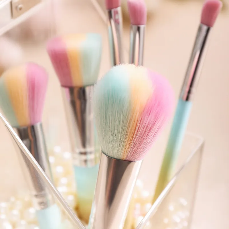 Pincéis de Maquiagem Coloridos Marca Privada 10PCS Pincéis de Maquiagem Cosméticos Personalizados Arco-Íris com Suporte