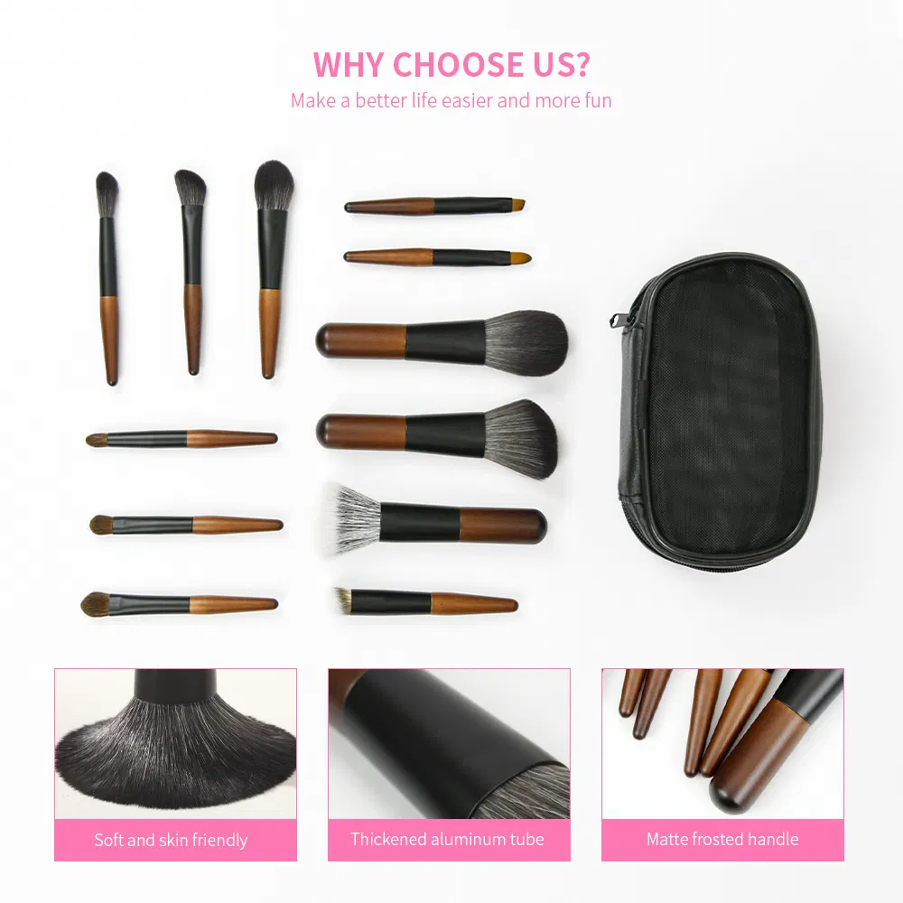 Conjunto de Ferramentas de Beleza para Maquiagem 12PCS Conjunto de Pincéis Cosméticos com Cabo de Madeira para Rosto, Lábios e Sombra de Olhos