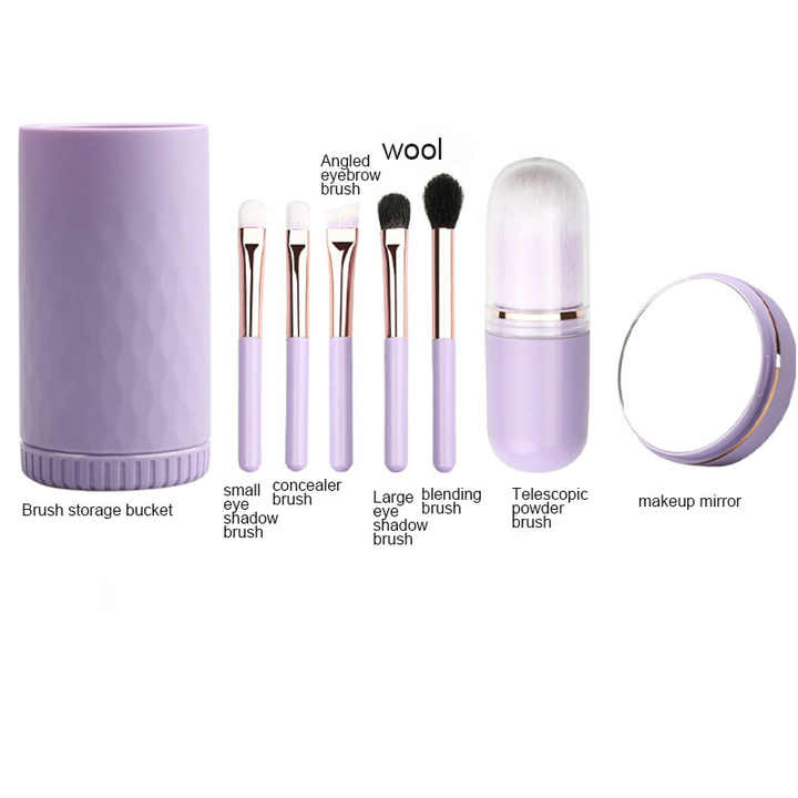 Conjunto de Pincéis de Maquiagem Mini Cosmético Portátil Profissional para Olhos e Lábios 6 em 1 com Estojo Espelho