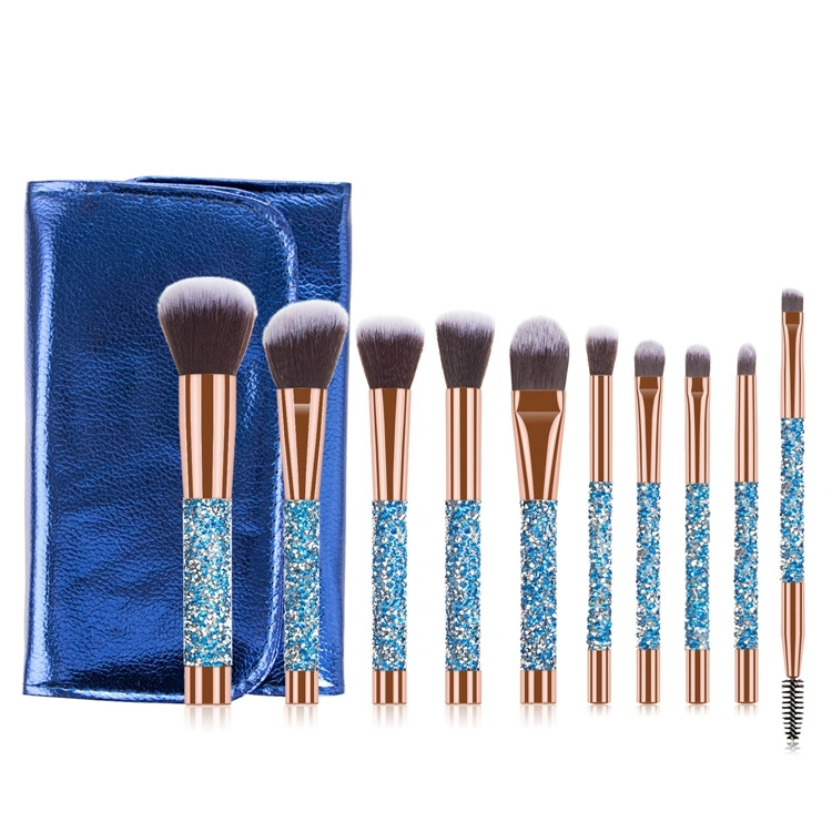 10PCS Conjunto de Pincéis Profissionais Personalizado com Cabo de Cristal Pincéis de Maquiagem para Rosto, Base e Olhos com Cerdas Pretas