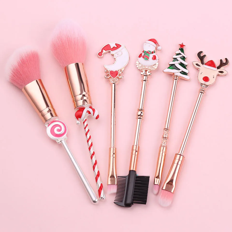 Conjunto de Pincéis de Maquiagem de Natal 6 PCS Design Festivo Dourado Livre de Crueldade Sintético Multifuncional para o Rosto e Olhos Caixa de Presente