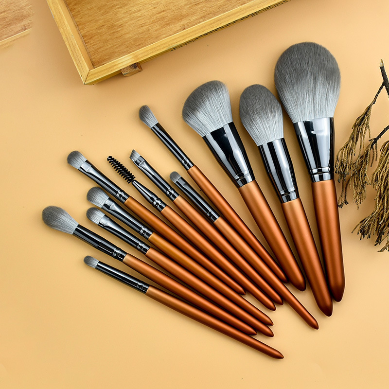 Conjunto de Pincéis de Maquiagem Beautichen 12PCS Laranja e Cinza – Cerdas Sintéticas Macias com Ferrule Prateado – Pincéis Cosméticos Profissionais para Base, Pó