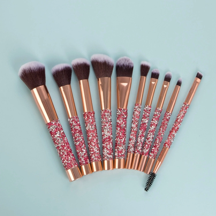 10PCS Conjunto de Pincéis Profissionais Personalizado com Cabo de Cristal Pincéis de Maquiagem para Rosto, Base e Olhos com Cerdas Pretas