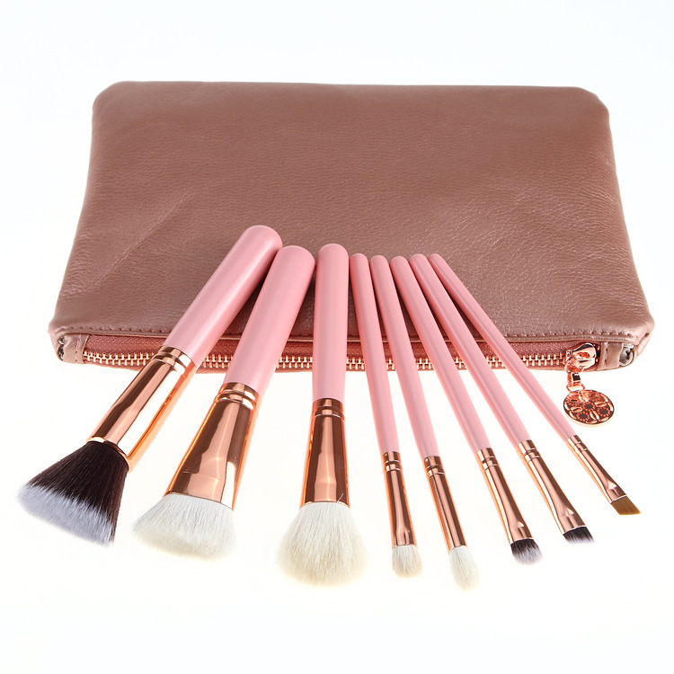 Conjunto de Pincéis de Maquiagem Beautichen 8PCS Rosa e Madeira - Conjunto Completo de Ferramentas Cosméticas para Pó, Corretivo, Sombras