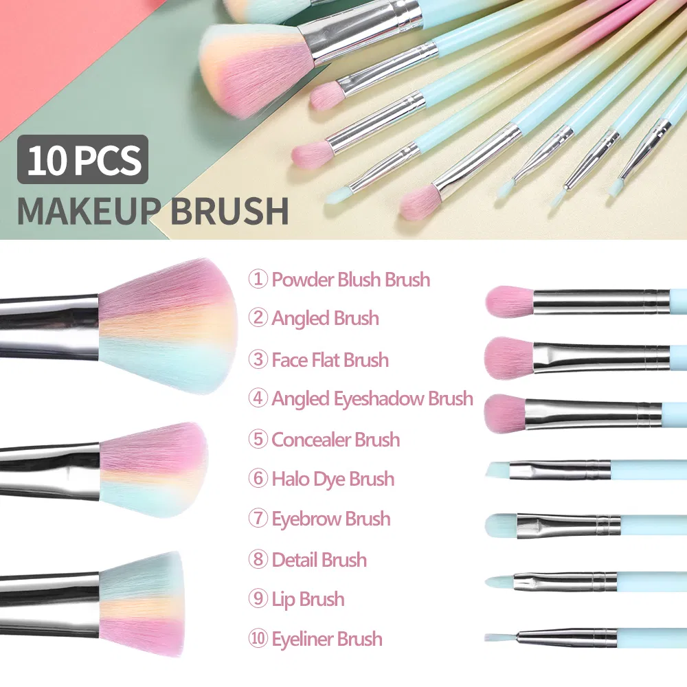 Pincéis de Maquiagem Coloridos Marca Privada 10PCS Pincéis de Maquiagem Cosméticos Personalizados Arco-Íris com Suporte
