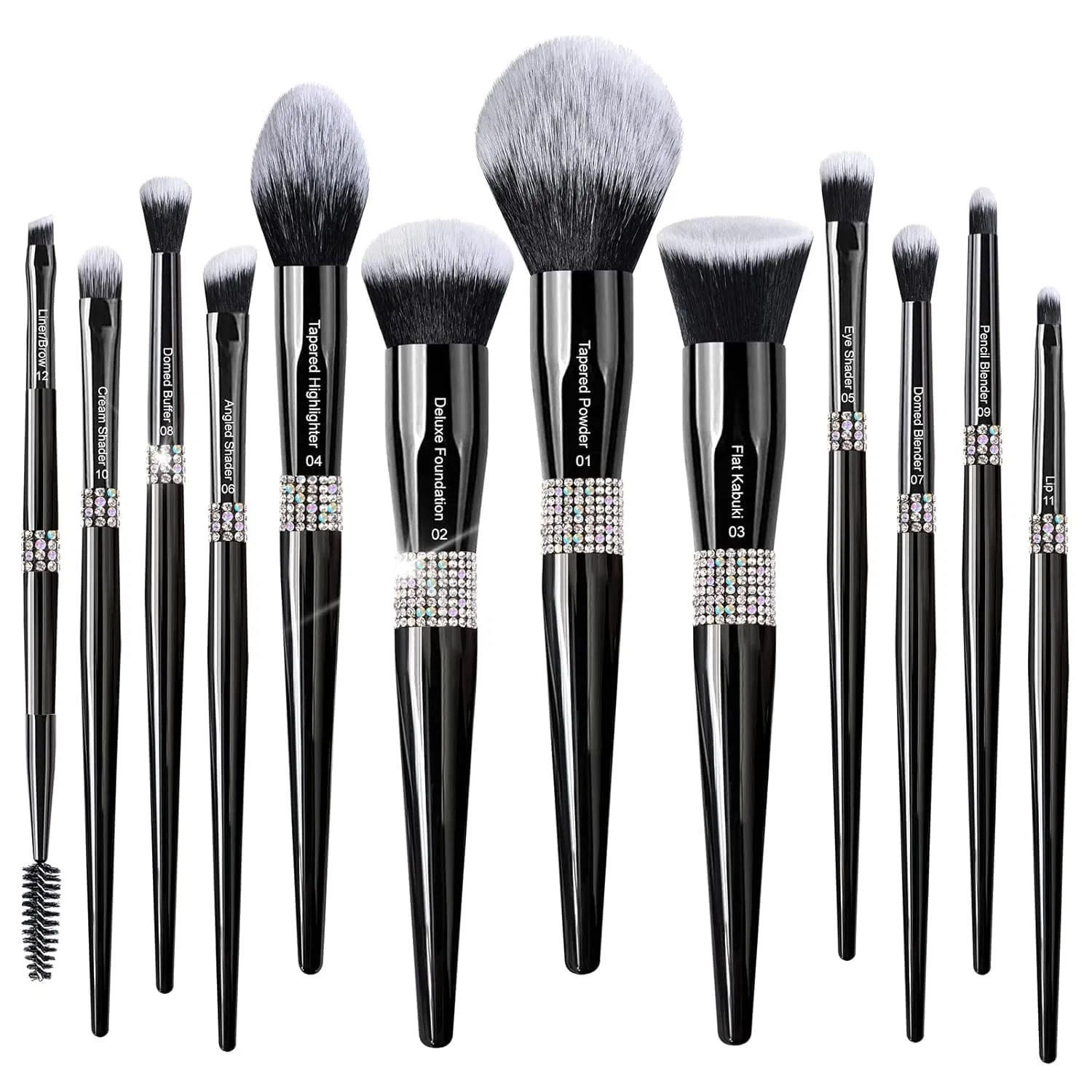 Custom Print Logo 12 PCS Bling Diamond Black Handle Professional Beauty Tools Makeup Brush Set