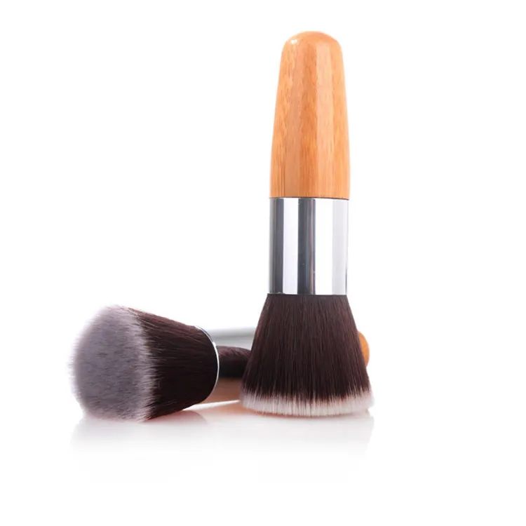 Pincéis de Maquiagem Veganos Pincel de Pó para Fundação Marca Privada Logo Sintético Kabuki Único Cabo de Bambu Pincel de Fundação de Topo Plano