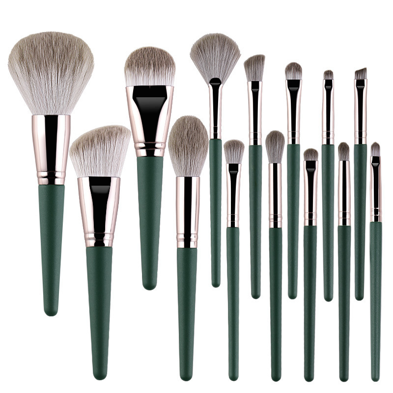 Conjunto de Pincéis de Maquiagem Profissional Beautichen 14-Piece - Cabo de Madeira Verde com Cerdas Sintéticas e Estojo de Armazenamento Correspondente