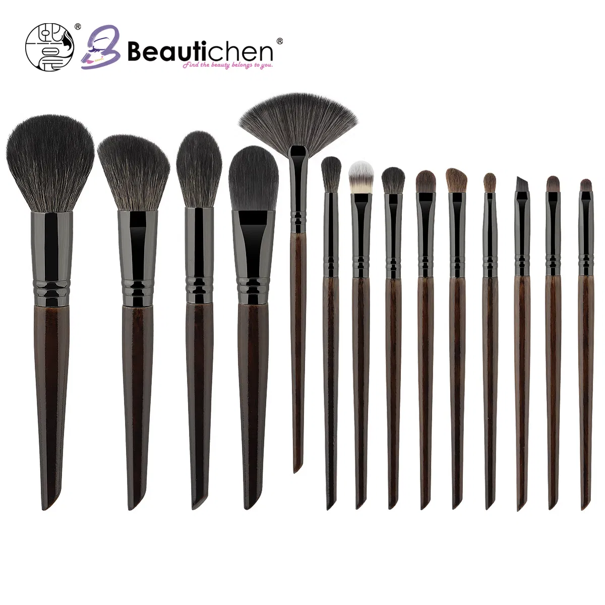 Conjunto de Pincéis de Maquiagem Beautichen 14-Piece com Cabos de Madeira Escura – Cerdas Sintéticas Premium para Rosto e Olhos – Mistura Profissional, Contorno