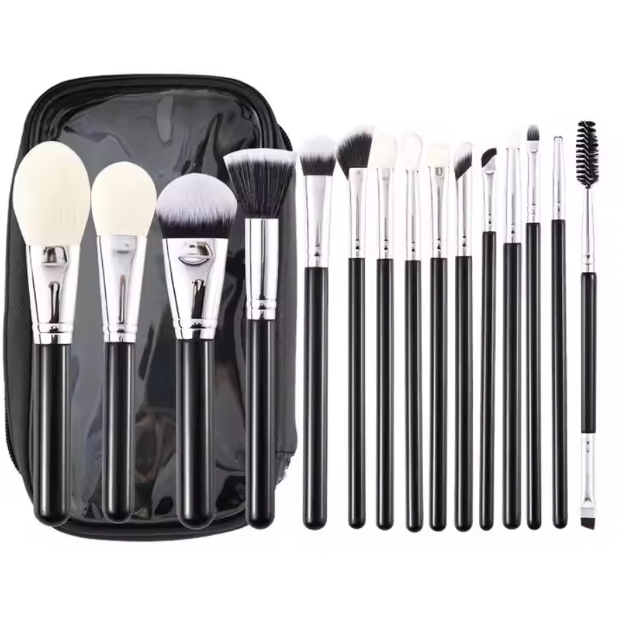 15PCS Conjunto de Pincéis Cosméticos de Cabelo Sintético com Cabo de Madeira para Mistura de Maquiagem