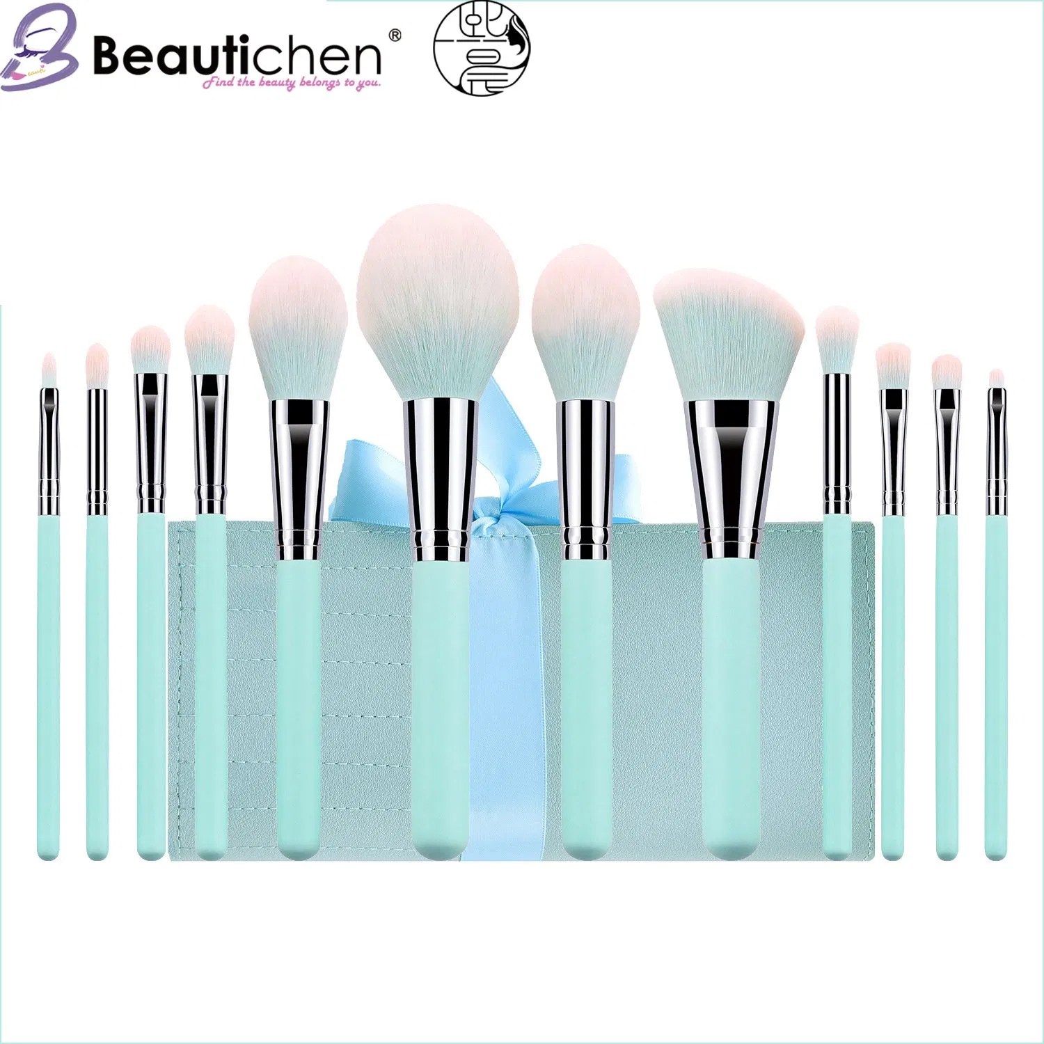 Conjunto de Pincéis de Maquiagem Profissional Beautichen 12-Piece - Cabo de Madeira Azul para Base, Corretivo, Mistura e Contorno com Estojo de Viagem