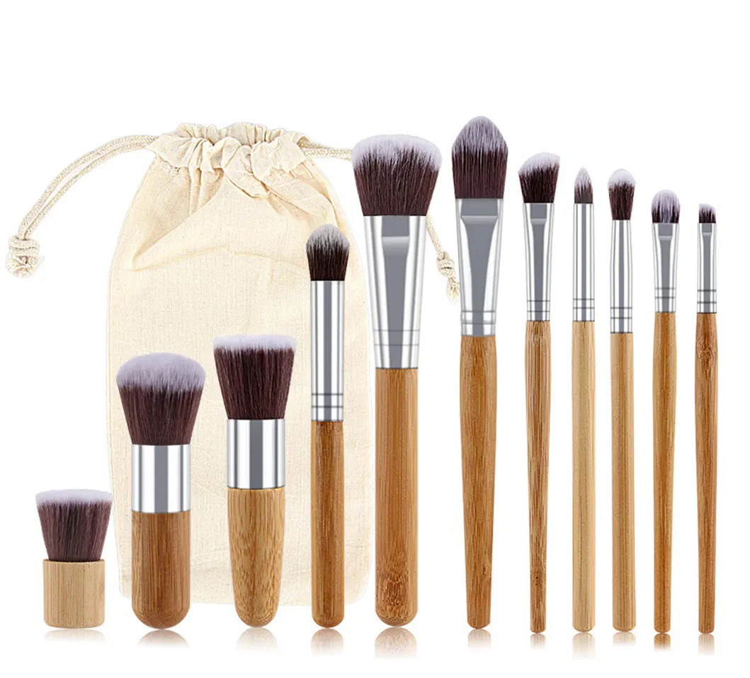 Conjunto de Pincéis de Maquiagem 11PCS Kabuki Sintético de Bambu para Base, Pó, Mistura, Corretivo, Sombras, Blush, Cosméticos, Pincéis de Maquiagem de Bambu