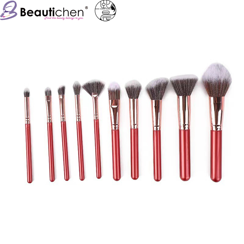 Conjunto de Pincéis de Maquiagem Vermelhos Beautichen 10PCS - Pincéis Cosméticos Macios de Alta Cobertura para Iluminador e Base OEM
