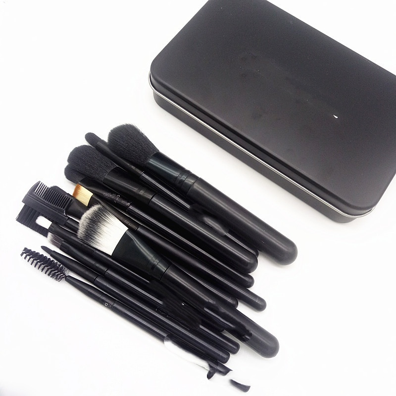 Conjunto de Pincéis de Maquiagem com Cabo de Plástico, Novo Estilo, Doze Pincéis em uma Caixa de Lata, Blush, Sombras, Pincéis de Base