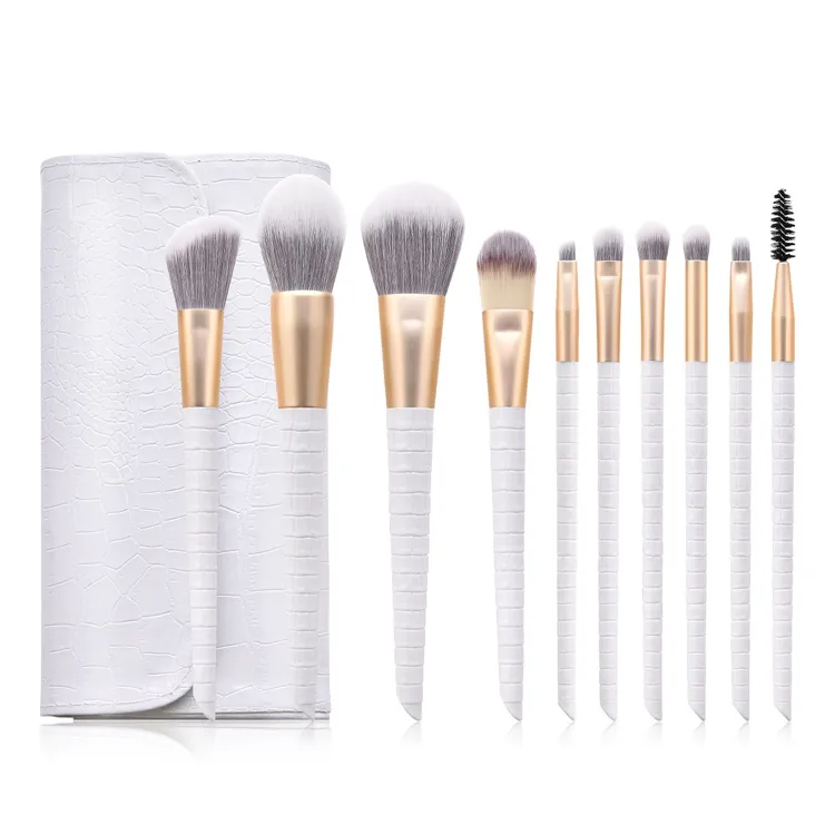 10PCS Conjunto de Pincéis de Maquiagem Personalizados Brancos de Madeira com Bolsa de Cosméticos PU Opcional
