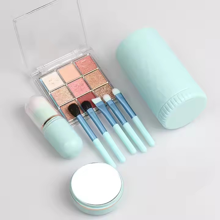 Conjunto de Pincéis de Maquiagem Portátil para Viagem 6PCS Mini Pincéis de Sombra Completo com Espelho e Suporte