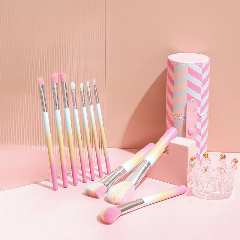 Pincéis de Maquiagem Coloridos Marca Privada 10PCS Pincéis de Maquiagem Cosméticos Personalizados Arco-Íris com Suporte