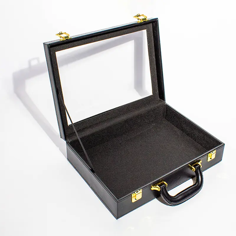 Custom Black Handle Design PU Jewellery Leather Gift Box With Transparent PVC Window