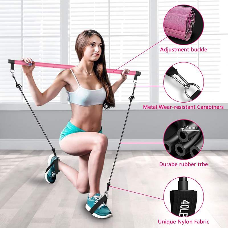 Wholesale Custom Logo 3-Section Portable Pilates Kit Bar Adjustable Workout Yoga Pilates Bar Kit with Resistance Bands