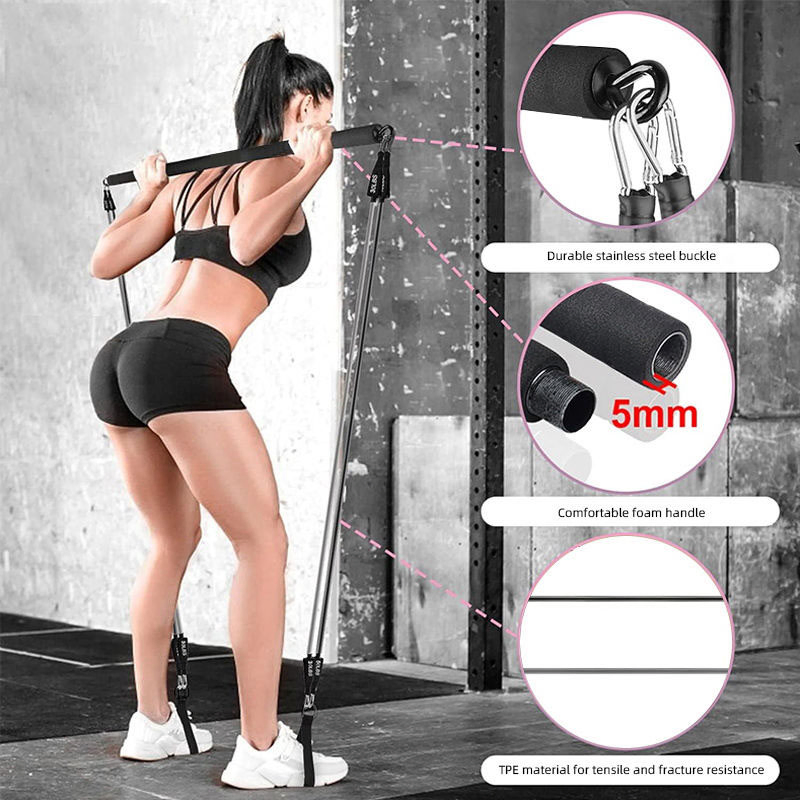 Adjustable Pilates Yoga Bar Portable Home Gym Fitness Kit with Resistance Bands