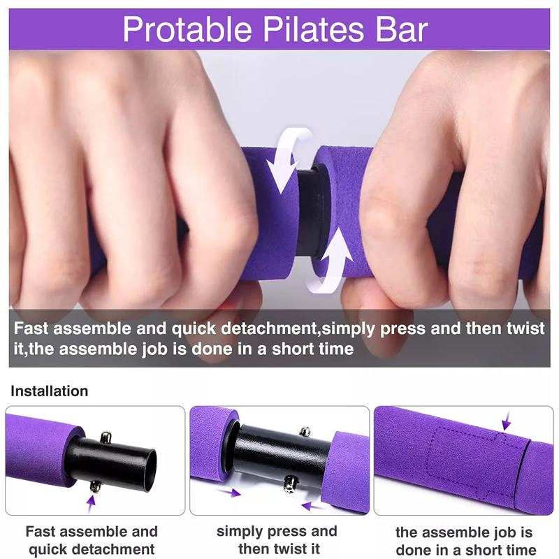 Wholesale Custom Logo 3-Section Portable Pilates Kit Bar Adjustable Workout Yoga Pilates Bar Kit with Resistance Bands