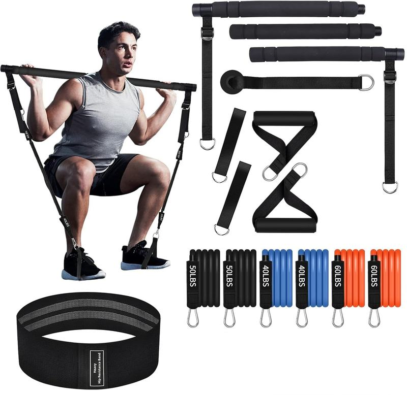 Wholesale Custom Logo 3-Section Portable Pilates Kit Bar Adjustable Workout Yoga Pilates Bar Kit with Resistance Bands