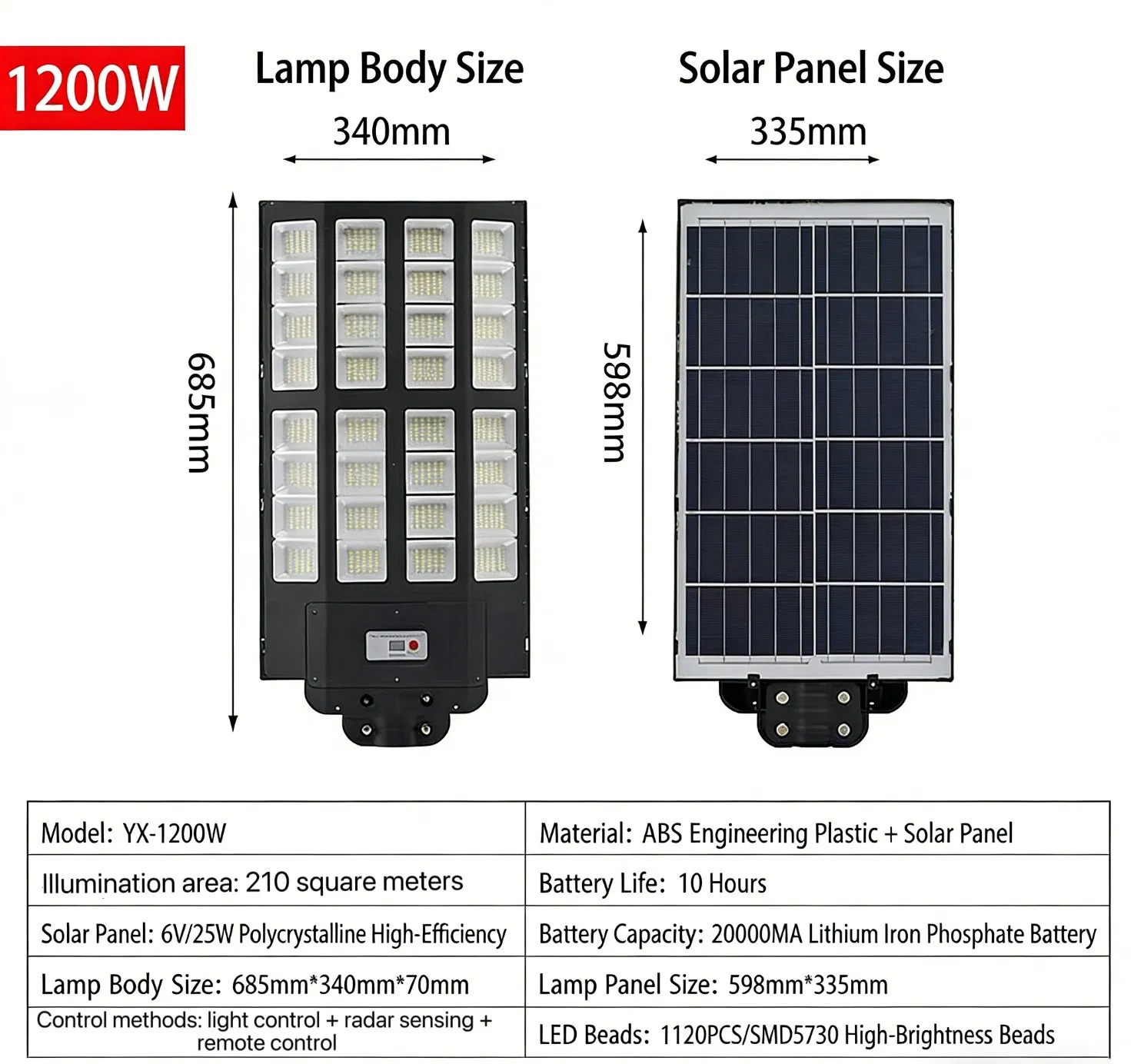 1200W Luz Solar de Calle Todo en Uno Integrada LED Solar para Exterior Lámpara de Camino con Batería de Litio de Gran Capacidad Incorporada Sensor de Movimiento Impermeable IP67 Luz