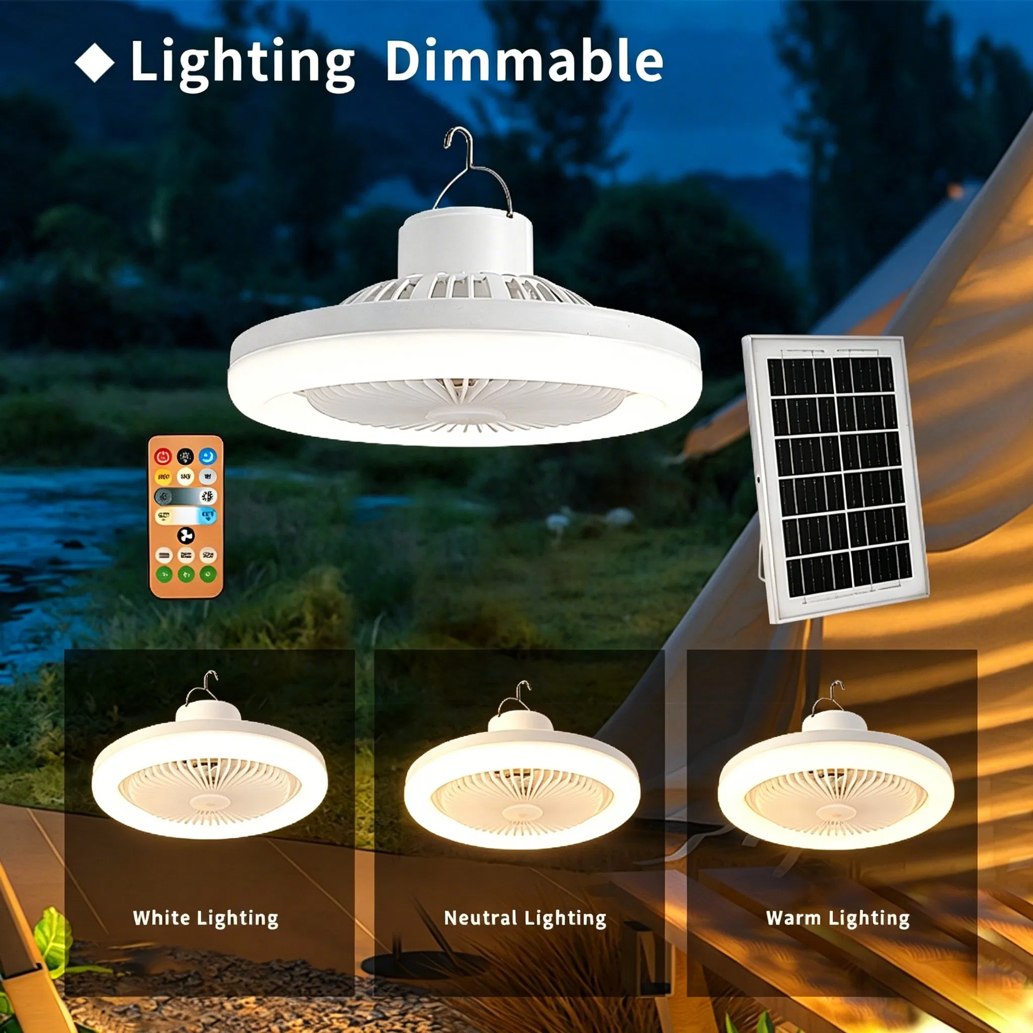 Luz de ventilador solar portátil multifuncional para exteriores, lámpara de ventilador alimentada por energía solar, combo de iluminación para senderismo, pesca, playa, patio, terraza y suministro de emergencia