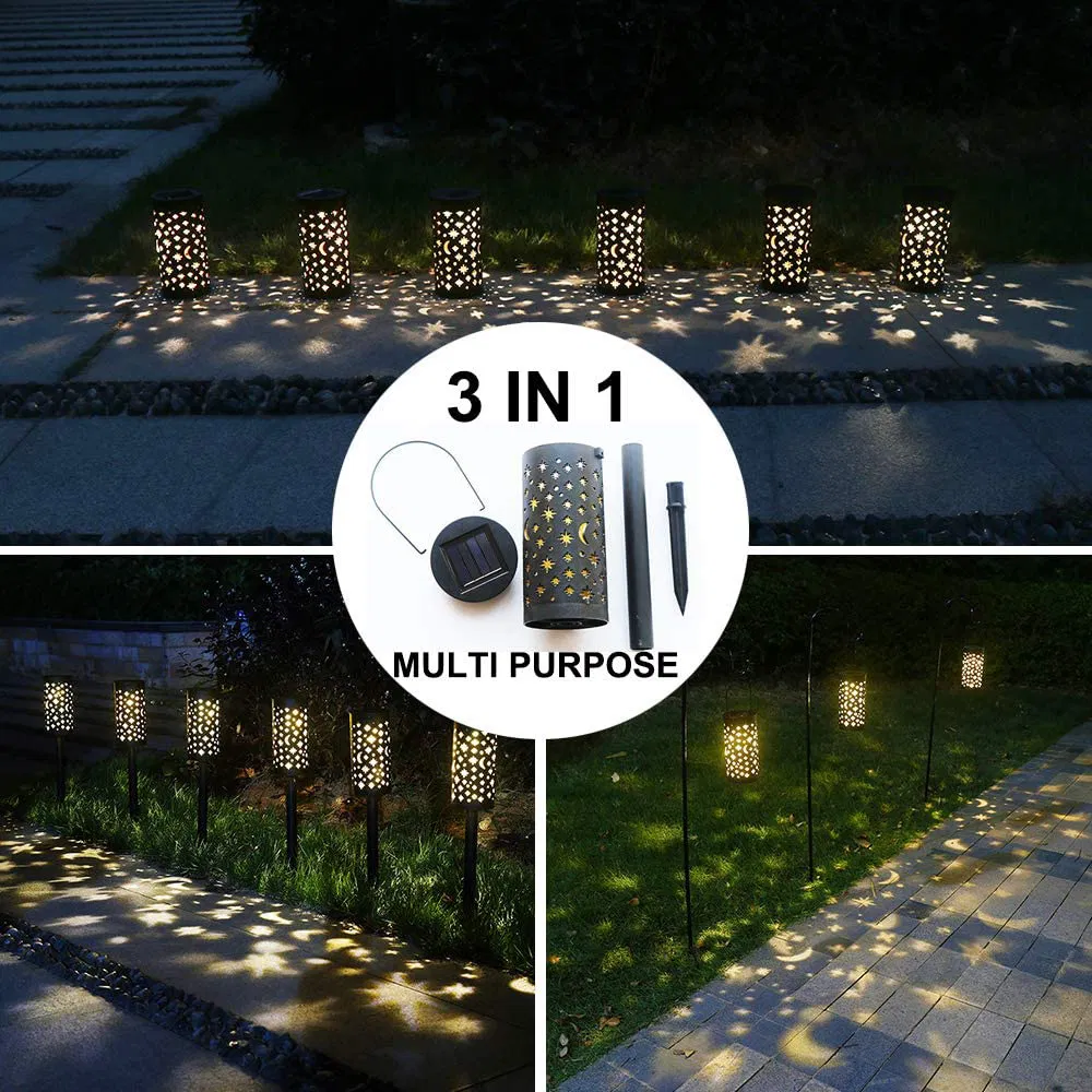 Linterna de jardín solar LED en forma de estrella y luna retro, de hierro hueco, insertada en el césped