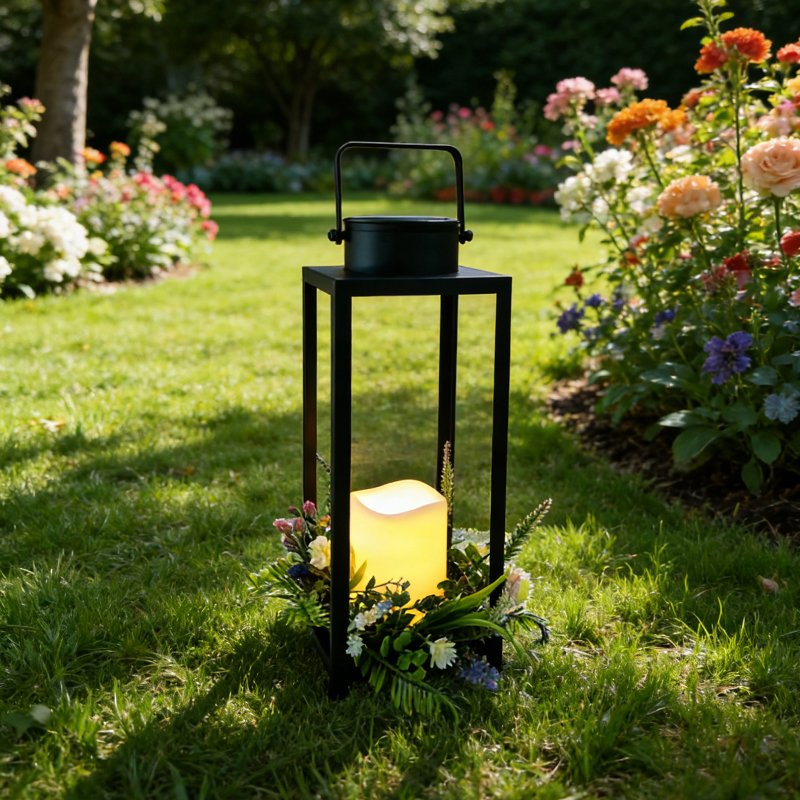 Linterna de metal solar para exteriores con flores artificiales y luz de vela LED - Decoración impermeable para jardín en patio y yardas