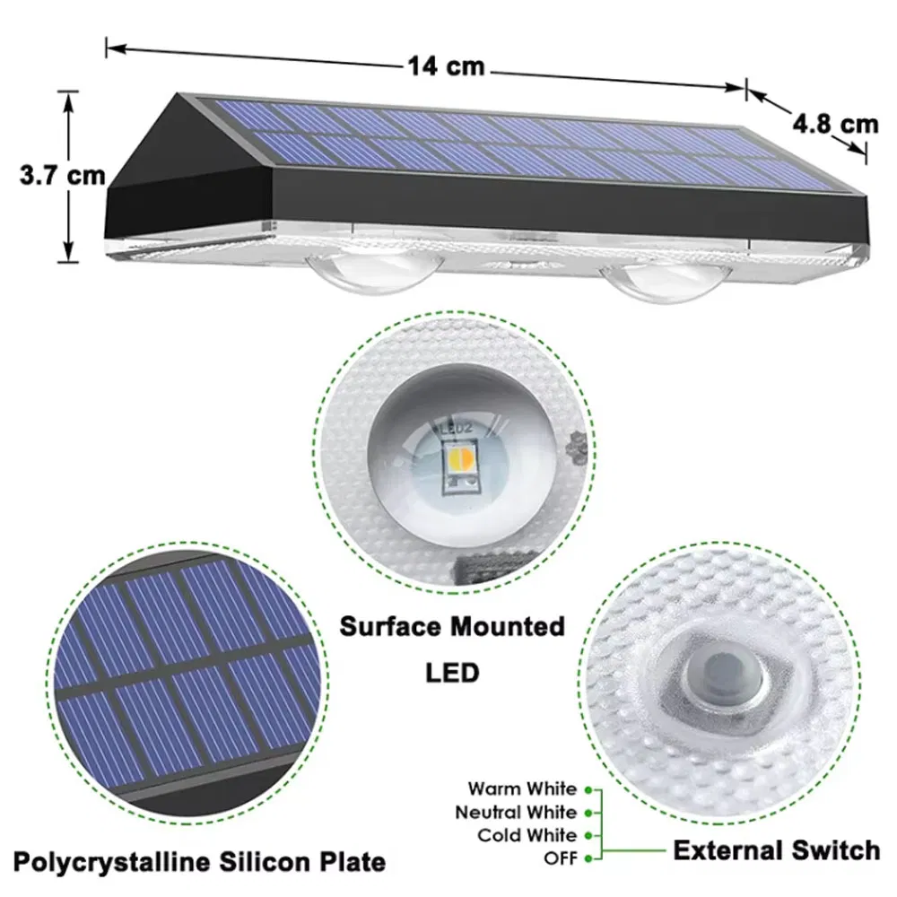 Luz LED exterior opulenta alimentada por energía solar con sensor de movimiento para el cuerpo humano en patio terraza IP65 Luz solar impermeable con sensor de movimiento