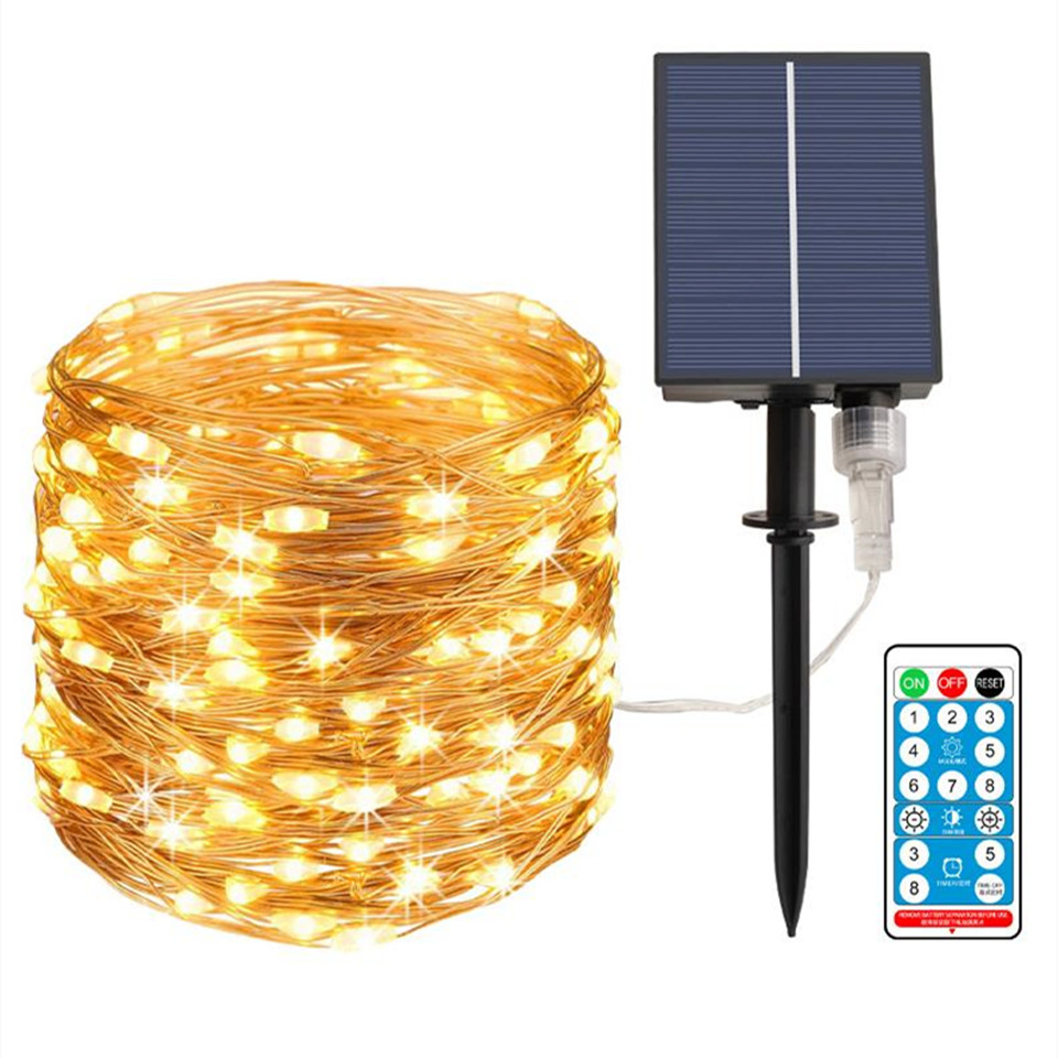 Decoración Navideña Solar Luz LED Cadena 100 Luces LED Luces Cálidas Blancas