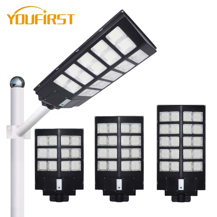 Sensor de movimiento remoto de alta potencia a batería IP65 a prueba de agua 300W 400W 500W LED integrado todo en uno farola solar