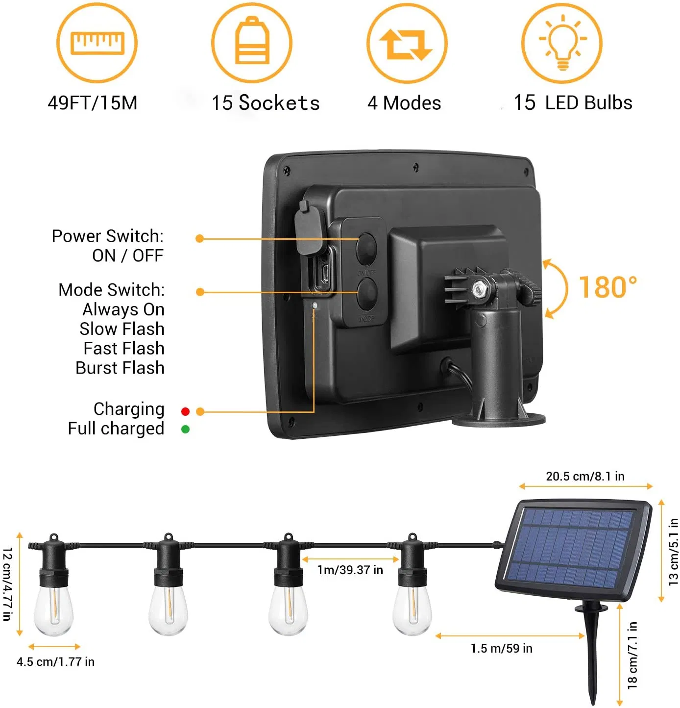 Luces de Cadena Solar LED para Jardín, IP65 Luces de Cadena Impermeables para Exterior en Patio, para Hogar, Jardín, Terraza, Fiesta, Navidad, Boda, Blanco Cálido