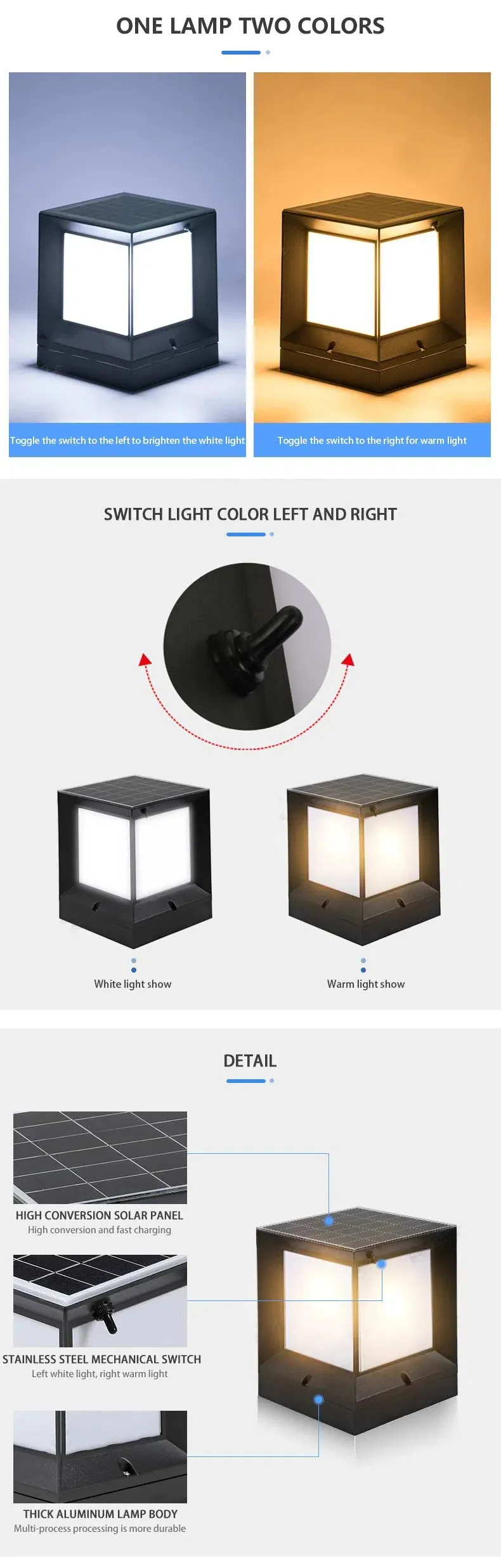 Luz decorativa de pilar de puerta de cerca al aire libre cuadrada de aluminio LED solar impermeable IP65