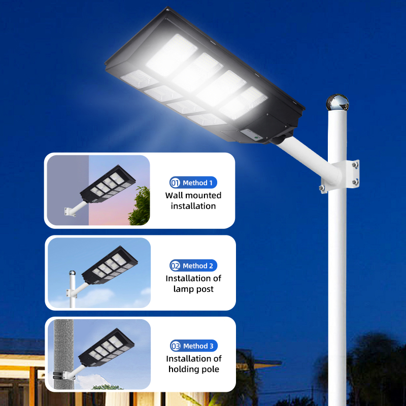 Sensor de movimiento remoto de alta potencia a batería IP65 a prueba de agua 300W 400W 500W LED integrado todo en uno farola solar
