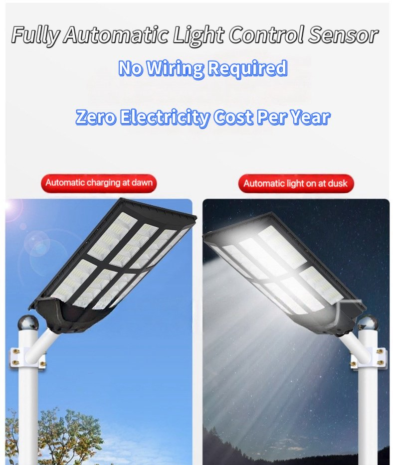 1200W Luz Solar de Calle Todo en Uno Integrada LED Solar para Exterior Lámpara de Camino con Batería de Litio de Gran Capacidad Incorporada Sensor de Movimiento Impermeable IP67 Luz