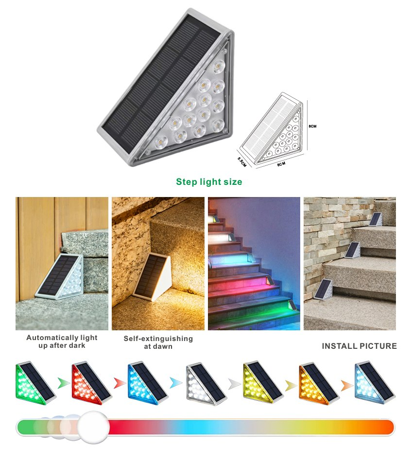 Suministro de fábrica de luces decorativas para escaleras de buena noche, luz solar para escalones exteriores con lámpara LED de color y sensor