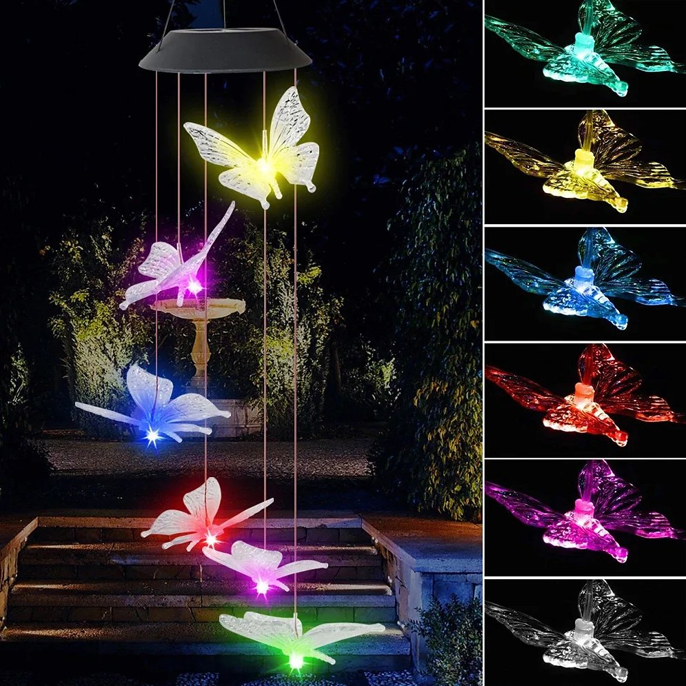 Lámpara colgante LED solar en forma de mariposa colorida, luces LED solares impermeables, farol decorativo para jardín, terraza y patio, luz nocturna