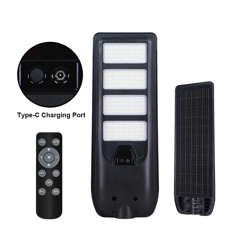 Suministro de energía solar OEM ODM con sensor de movimiento 100W 150W 200W 300W 400W 500W panel recargable todo en uno luz de calle LED solar para exteriores